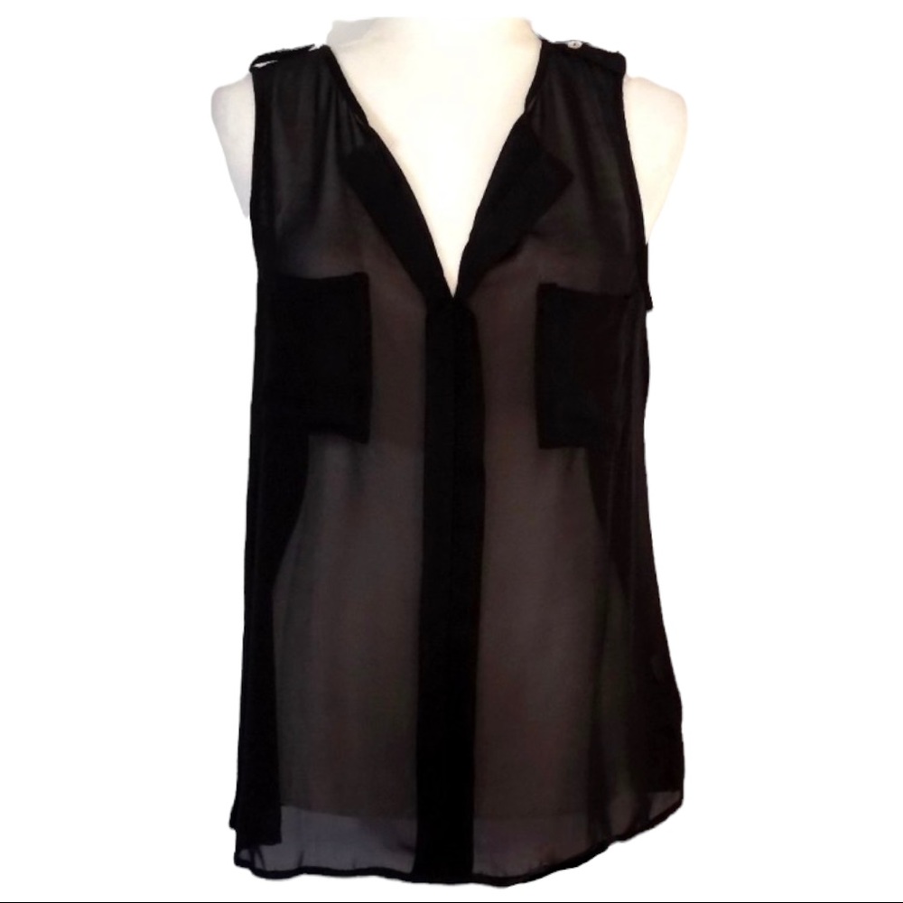 Color Thread Sheer Front With Pockets Black Sleeveless Top Size Medium